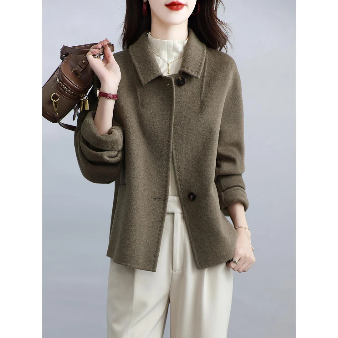 新款高端双面羊绒大衣女短款羊毛呢翻领妈妈简约休闲气质外套秋冬