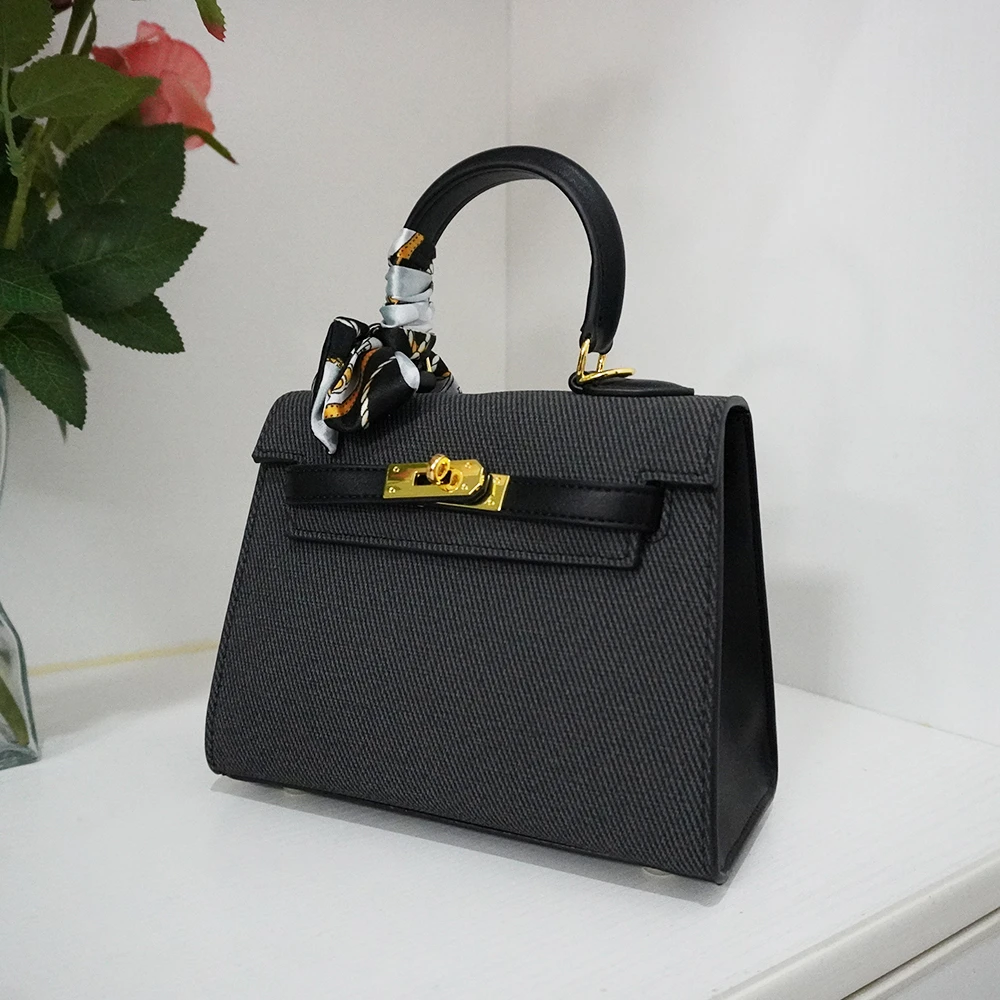 BVN原创帆布纹凯莉包包方形2024女士手提式简约经典拼色气质百搭