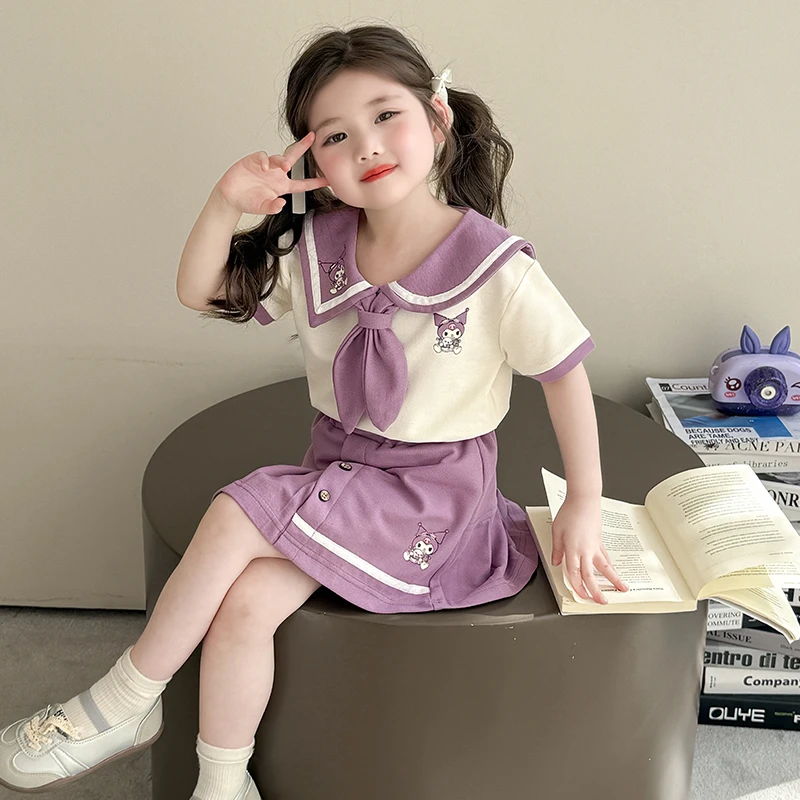 女童夏季库洛米套装2025新款儿童学院风短袖百褶裙宝宝运动两件套