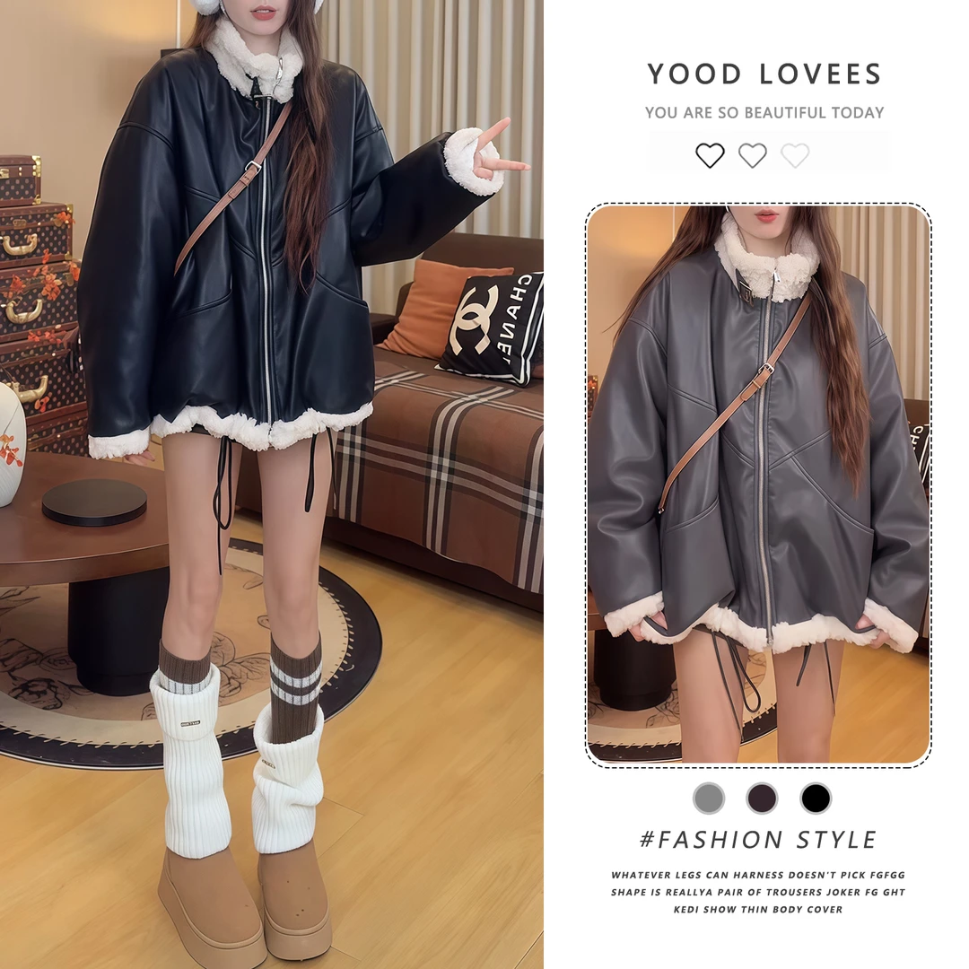 复古气质咖色毛毛领外套女2025年秋冬季新款宽松休闲百搭保暖皮衣