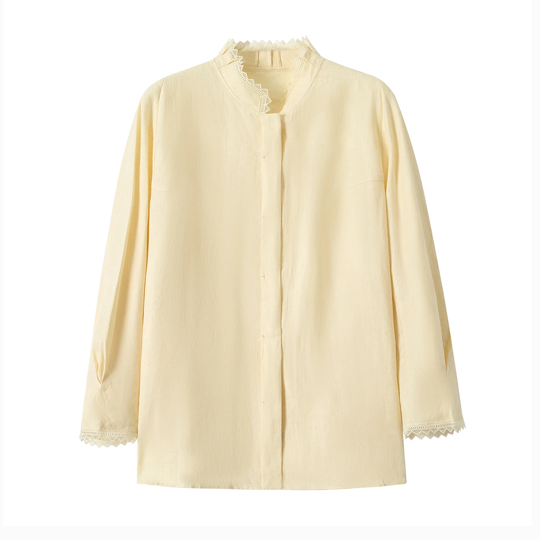 Childe Yao【棉花糖】花边小立领亚麻衬衫女夏中式衬衫 CYC53088C