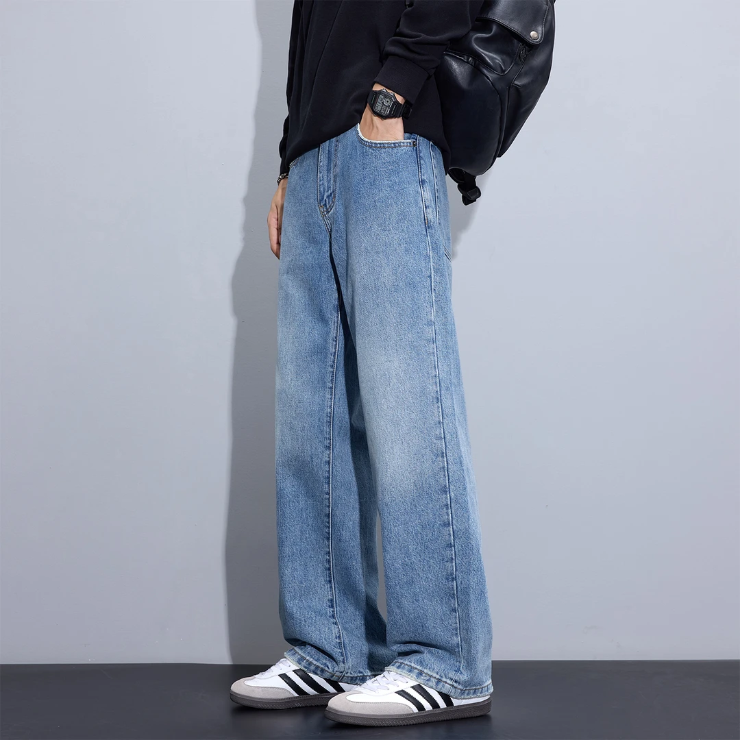 Kuvine2025秋季美式潮牌宽松直筒cleanfit水洗磨边纯棉牛仔裤男款