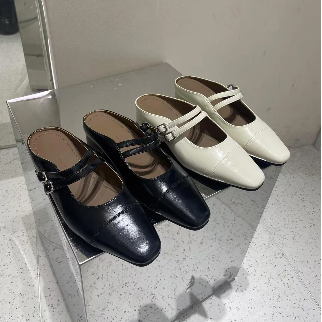 漆皮包头半拖鞋女2025春季新款粗跟一脚蹬玛丽珍凉拖鞋C629-2