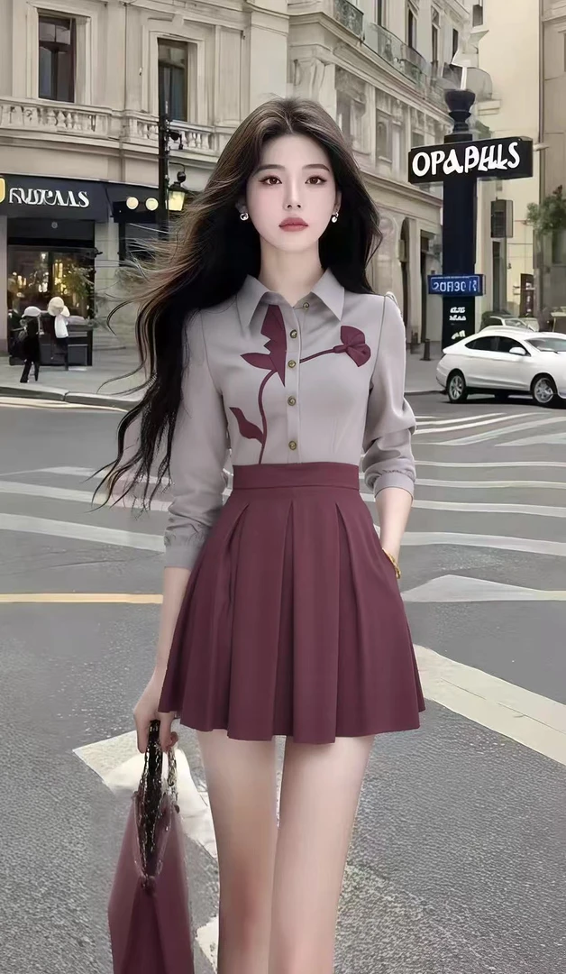 法式休闲通勤风灰色长袖单排扣衬衫上衣+酒红色高腰半身裙两件套