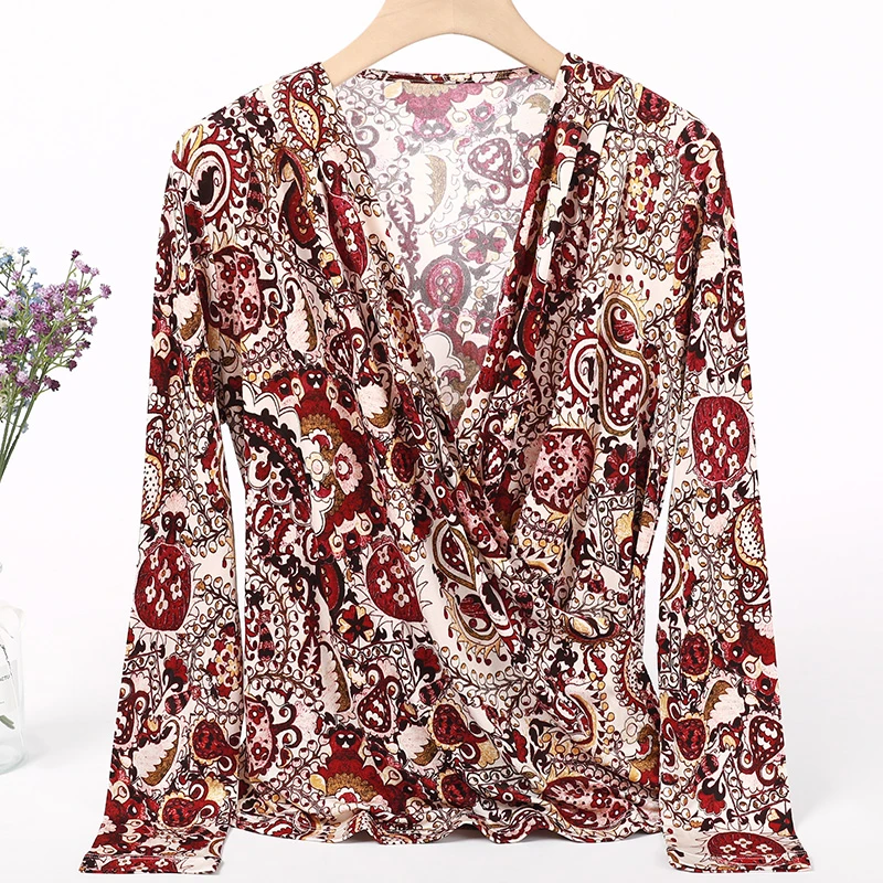 真丝印花交叉V领T恤女新款韩版宽松显瘦桑蚕丝长袖上衣