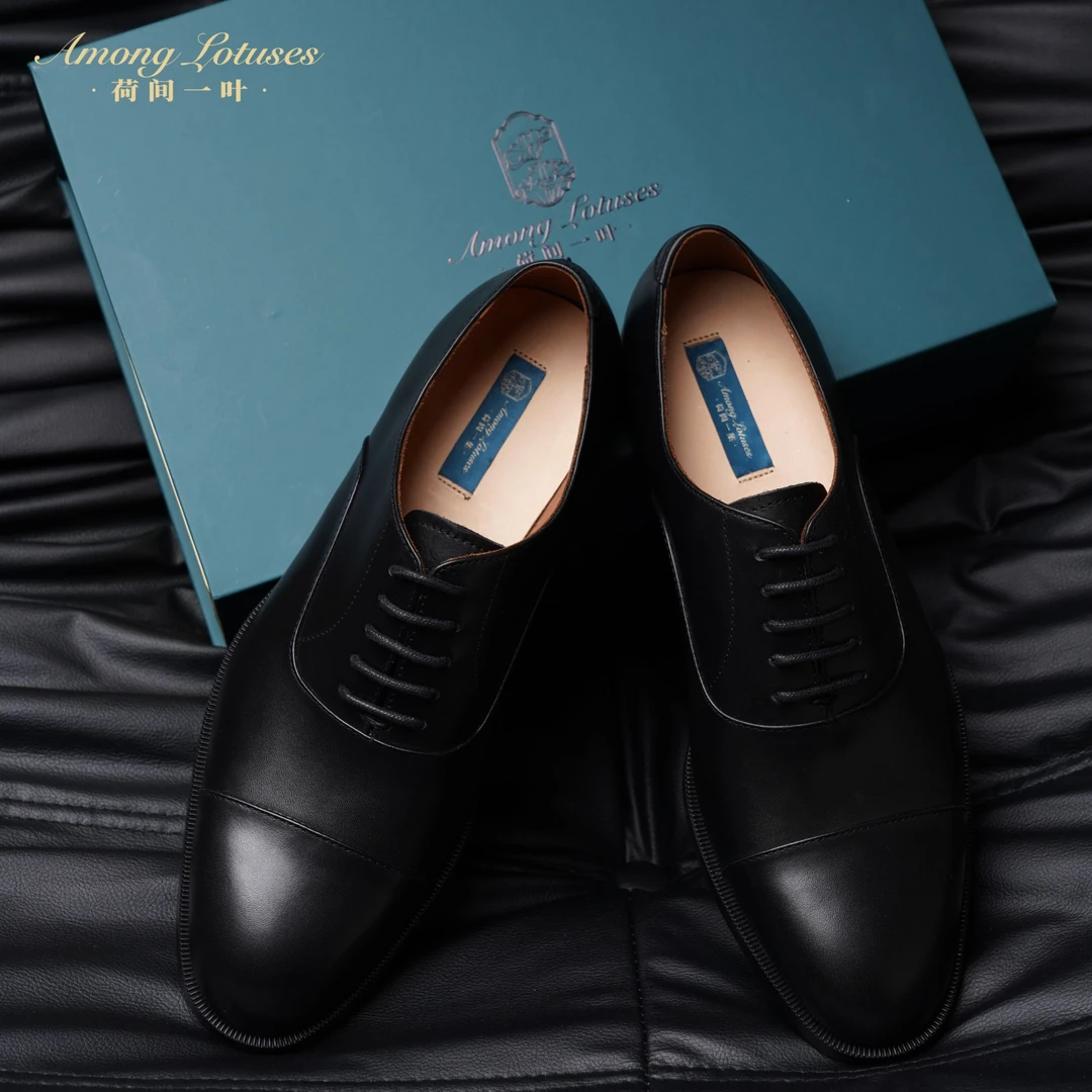荷间一叶男士正装牛津皮鞋手工商务薄款真皮英伦新郎婚鞋亮面男鞋