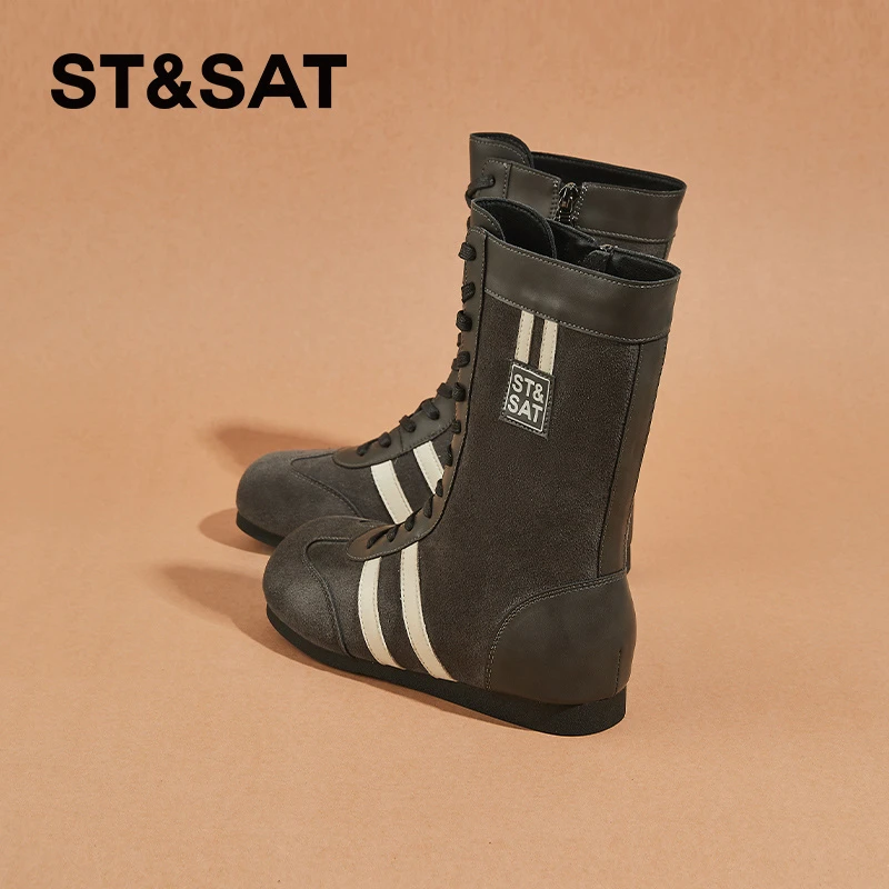 星期六牛反绒系带德训马丁靴女冬季加绒复古中筒靴高帮平底拳击靴