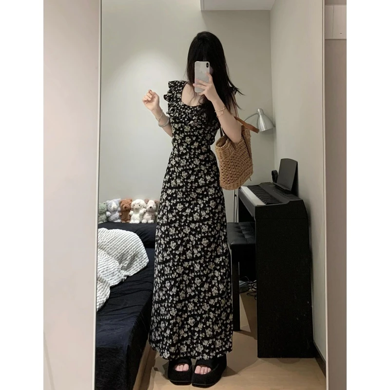 高个子加长版温柔风小飞袖碎花连衣裙女夏季薄款收腰到脚踝超长裙