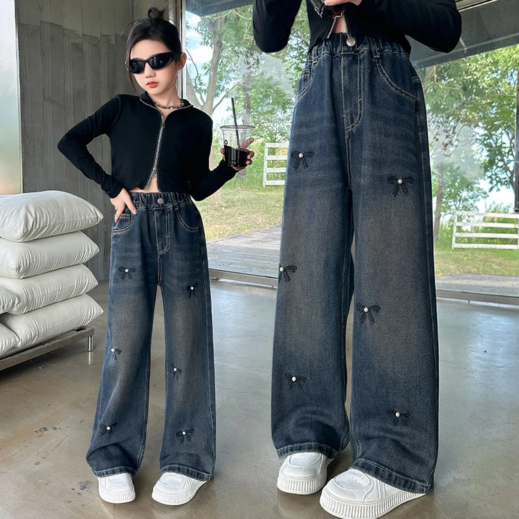 【高品质】巴拉拉大童春秋牛仔裤初中生宽松蝴蝶结阔腿裤直筒女孩裤