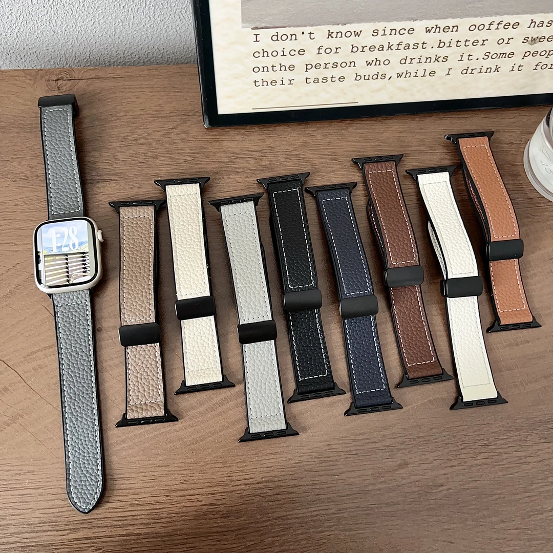 适用苹果手表AppleWatch磁吸荔枝纹皮革表带iWatchs11/Ultra3商务