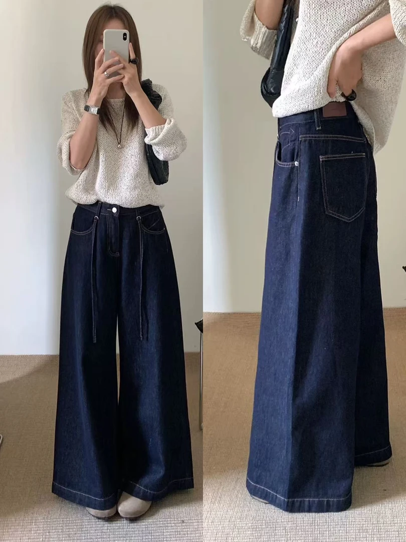 56036秋冬高腰磨白常规牛仔裤大微喇裤气质通勤简约百搭