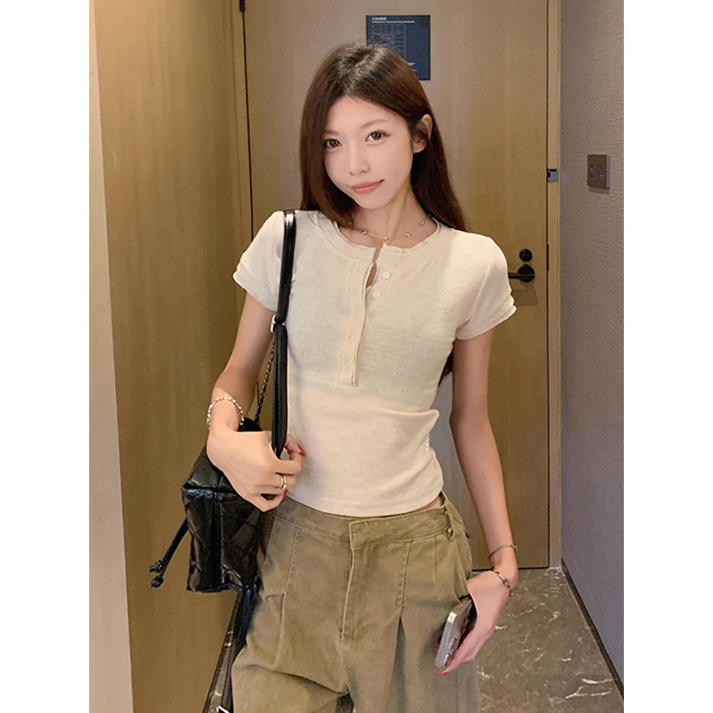 韩系温柔半开领短袖t恤女夏季设计感小众纯欲风修身针织短款上衣