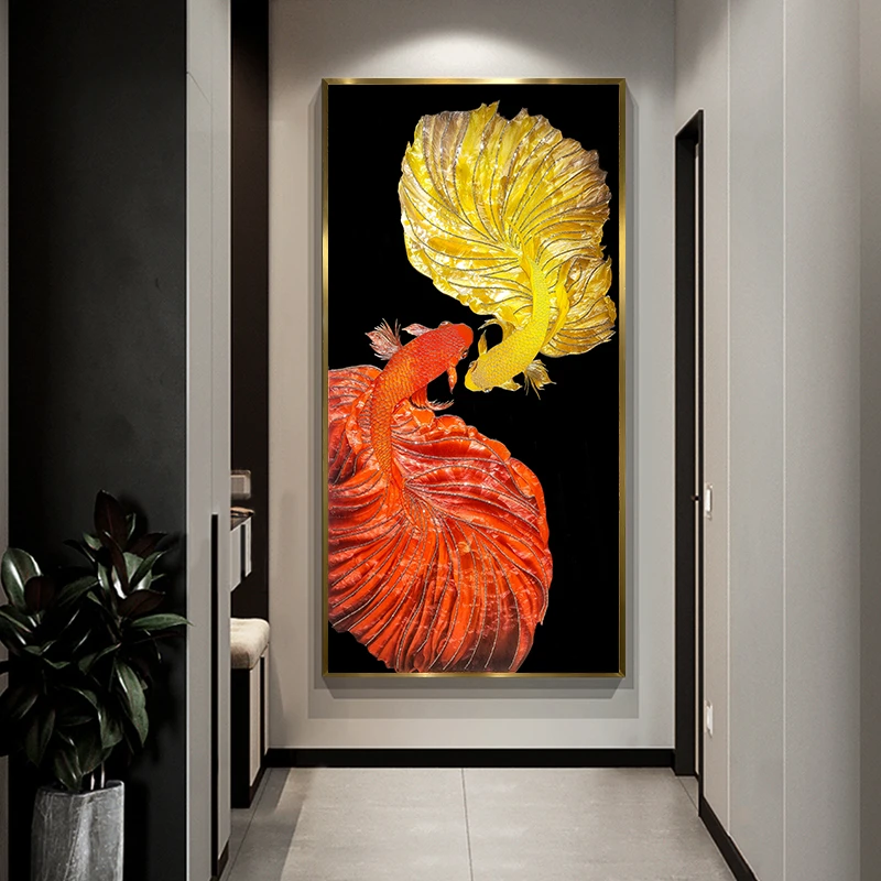 臣萱【金玉满堂】高端珐琅彩装饰画入户玄关竖版挂画现代轻奢壁画鱼