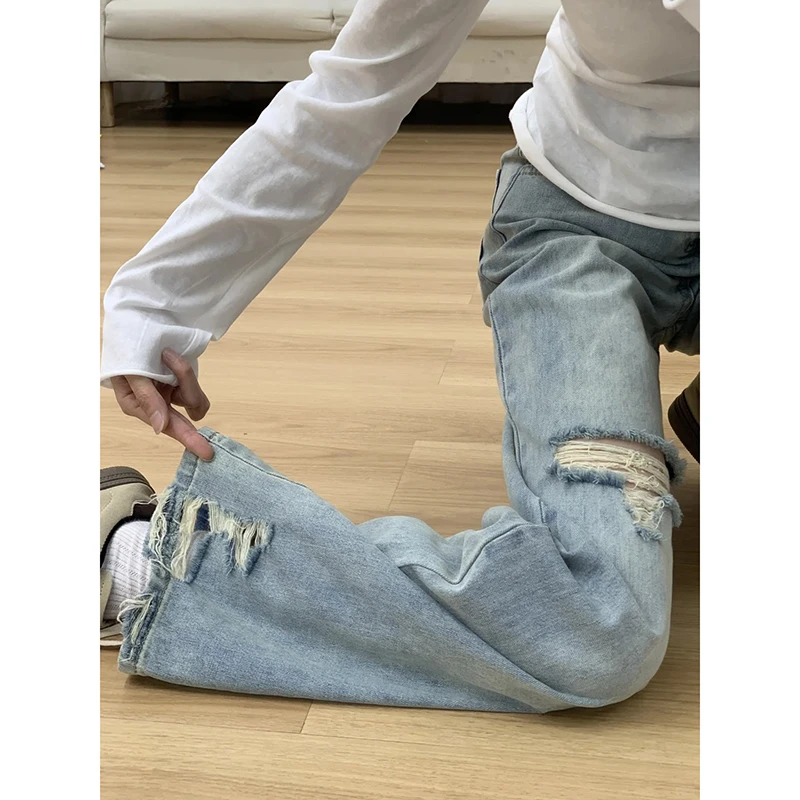 破洞薄款高腰阔腿牛仔裤女2025年早秋新款设计感宽松显瘦拖地裤子