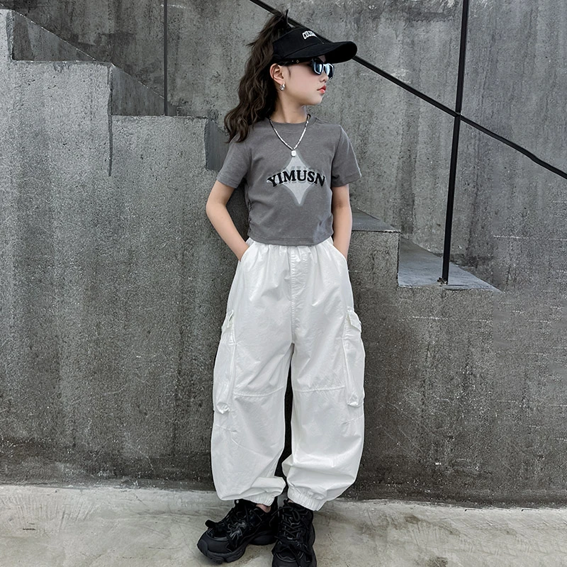 女童夏季套装2025新款儿童洋气时髦修身短袖T恤工装裤两件套薄款