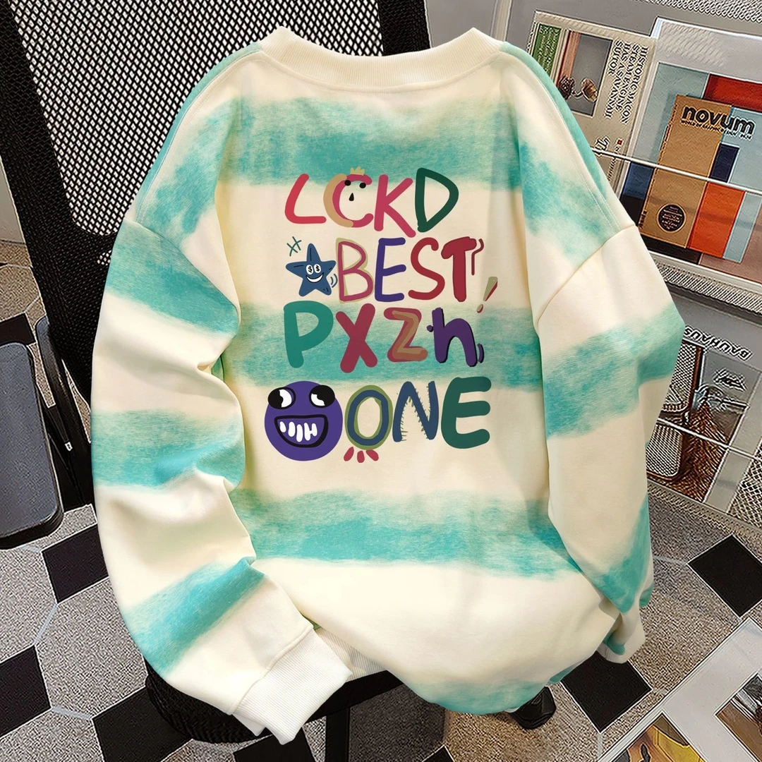 休闲百搭日韩男女秋冬季扎染横条圆领卫衣加绒加厚宽松显瘦上衣