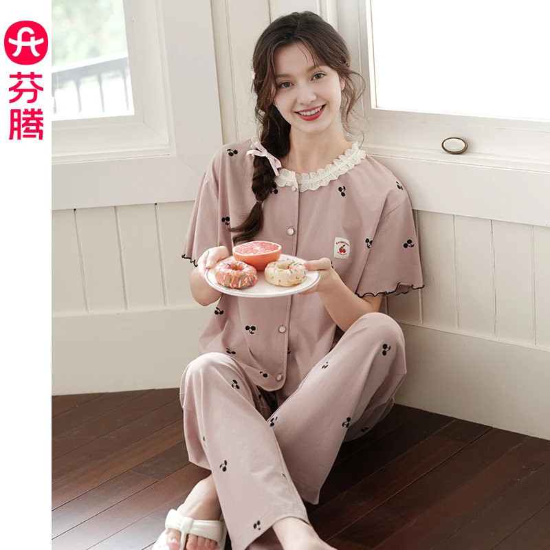 芬腾睡衣女夏季新款纯棉短袖女款甜美可爱休闲大码透气家居服套装
