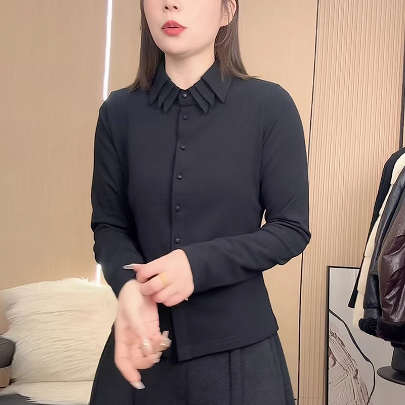 黑色磨毛衬衫女士2025秋冬新款高级感内搭修身显瘦叠穿打底衫上衣