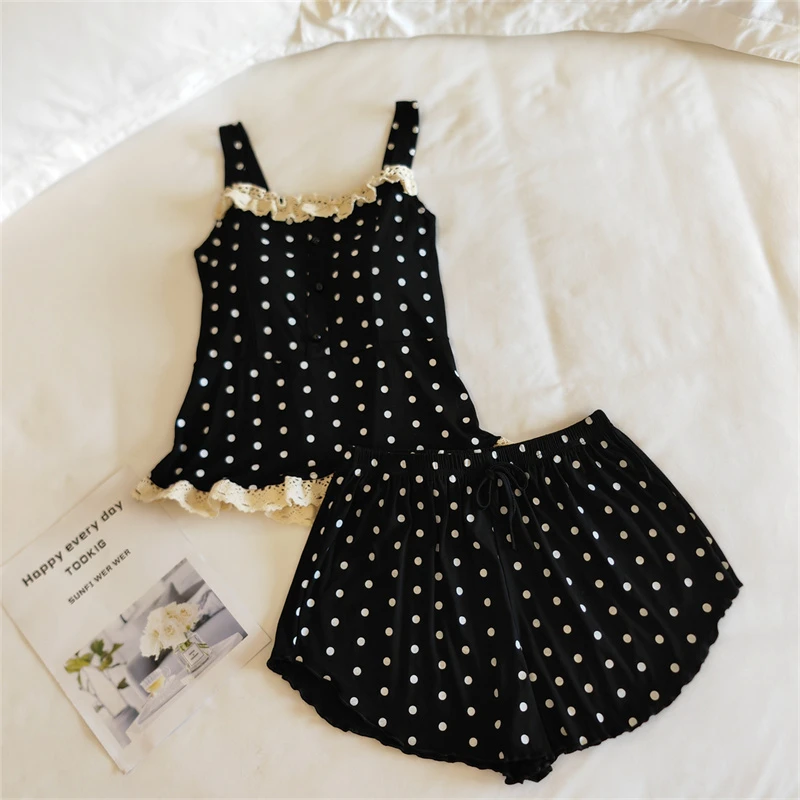 庆同莫代尔睡衣夏季女士带胸垫无袖吊带短裤甜美显瘦少女家居服