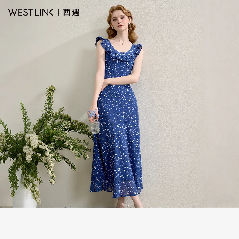 法式复古优雅荷叶边大圆领碎花裙女2025春夏显瘦收腰连衣裙