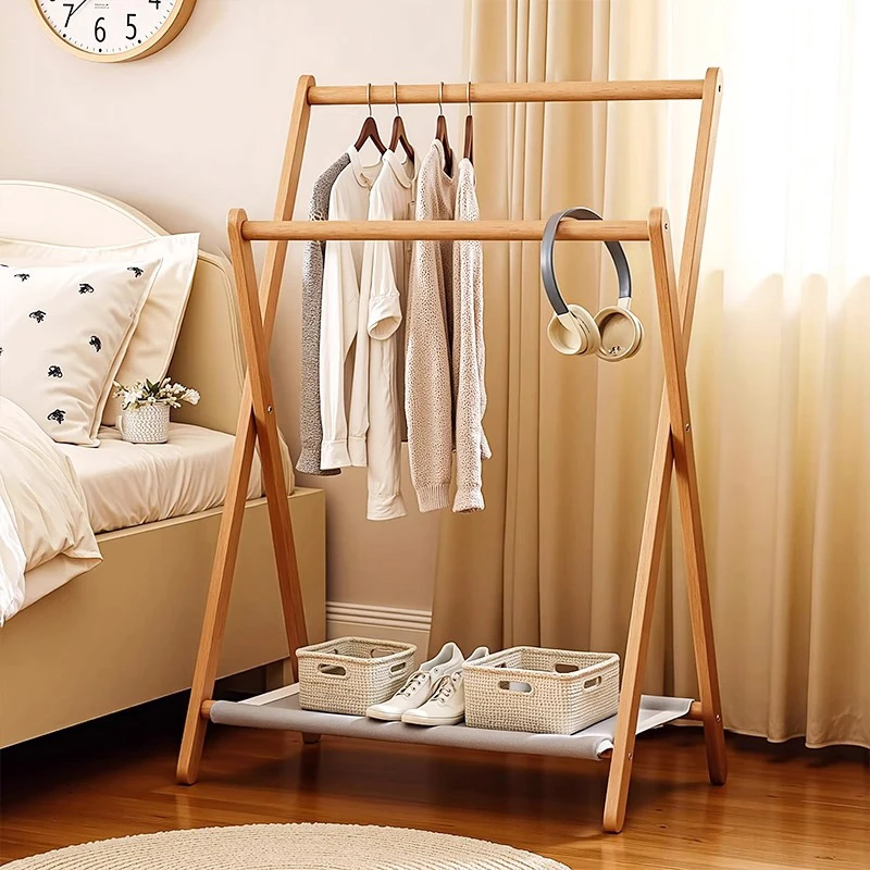 实木挂衣架卧室落地衣帽架角落不占地简易收纳架床边带布兜衣服架