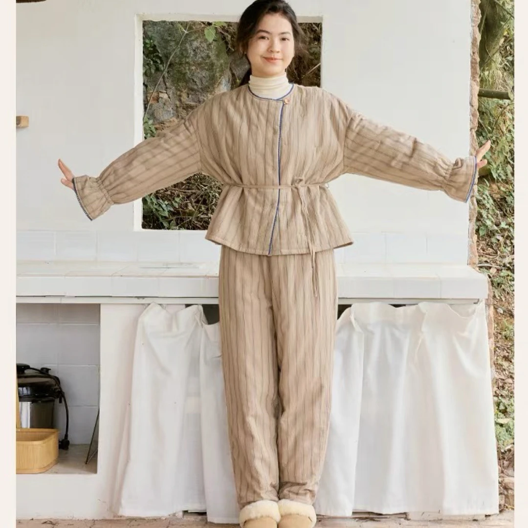 朵朵可可V领格子秋冬款女士巨保暖北羔绒睡衣冬季加厚翻领家居服