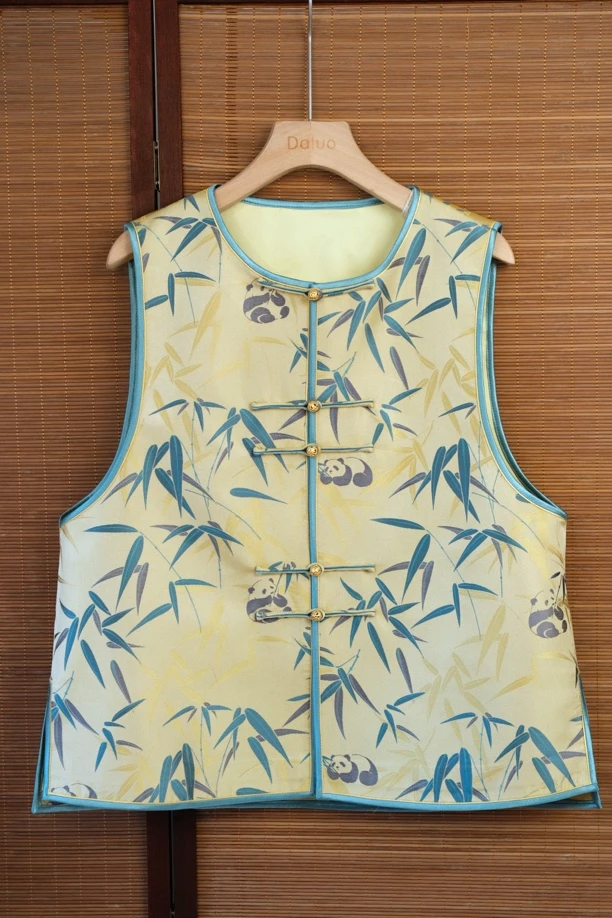 钱小萍正品玉竹熊猫老宋锦中式国风马甲带防伪钢印