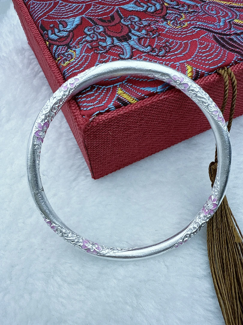 足银手镯 足银999.9描金珐琅彩扭麻繁花新中式国风高级感闭口镯