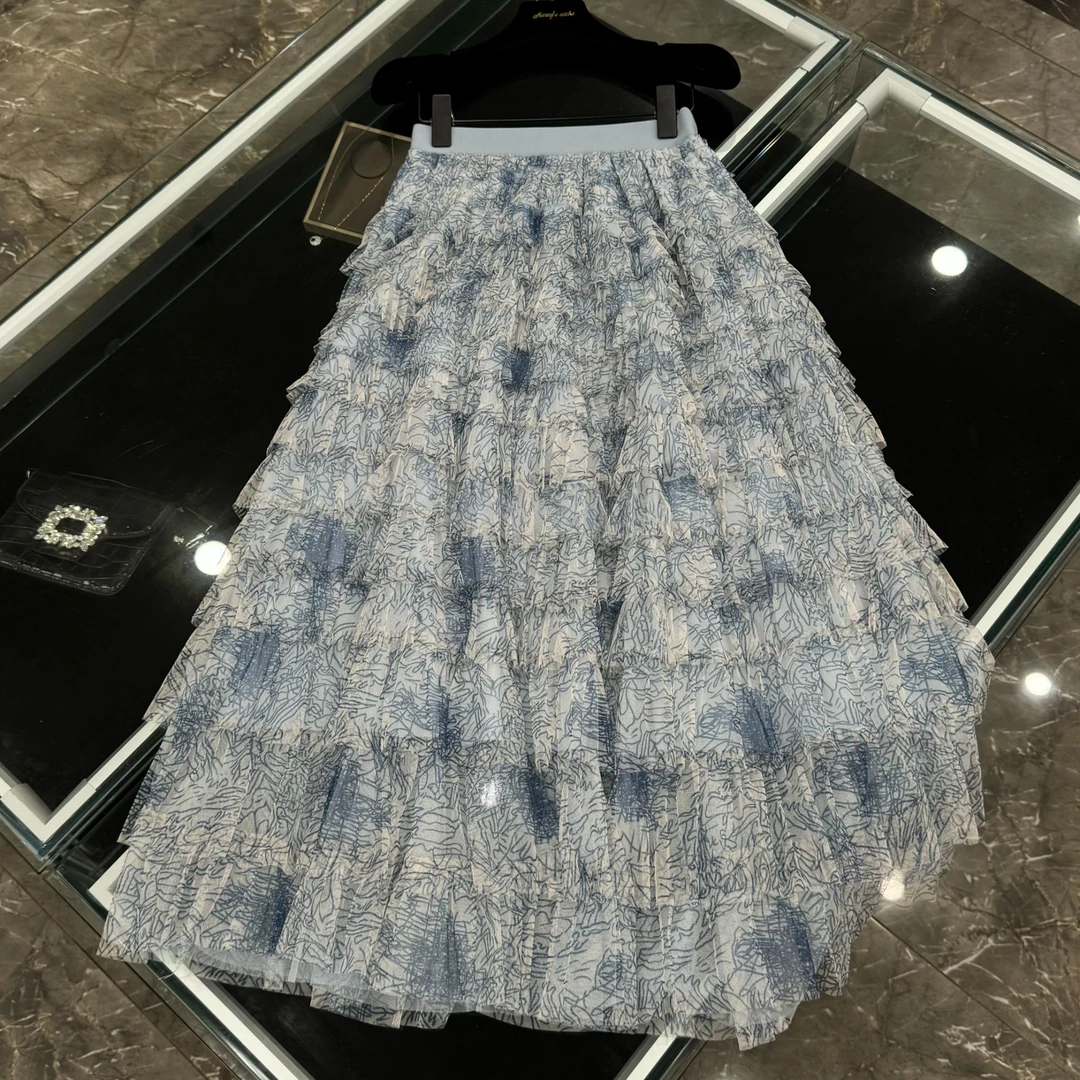 2025新款韩系扎染仙气大摆网纱层层半身裙-25846