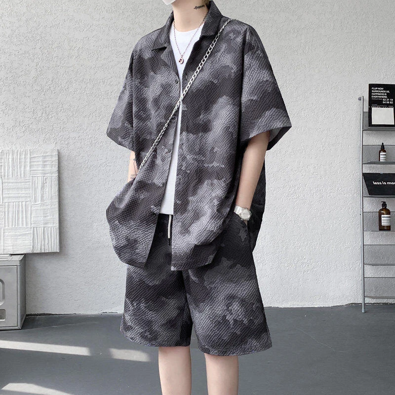 国风扎染短袖衬衫套装男夏季薄款潮流时尚简约百搭休闲宽松两件套