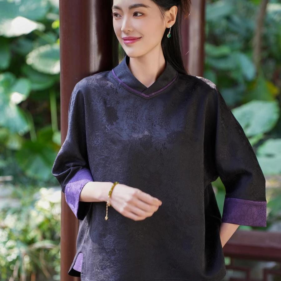 【22MM香云纱】原创新中式2025年春季百搭红罗桑蚕丝V领衬衫