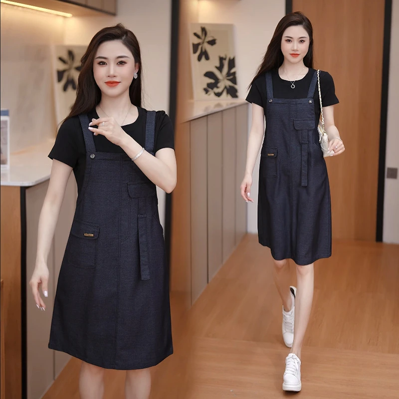时尚牛仔短袖连衣裙女2025夏季新款洋气减龄假两件拼接中长背带裙