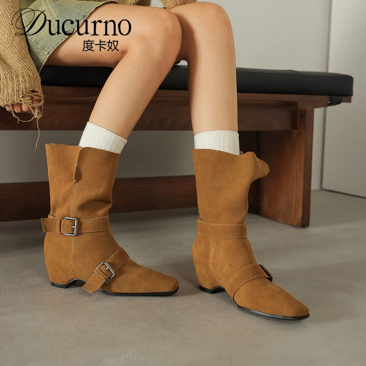 DUCURNO复古内增高皮带扣马丁靴女真皮方头瘦瘦靴百搭加绒小短靴