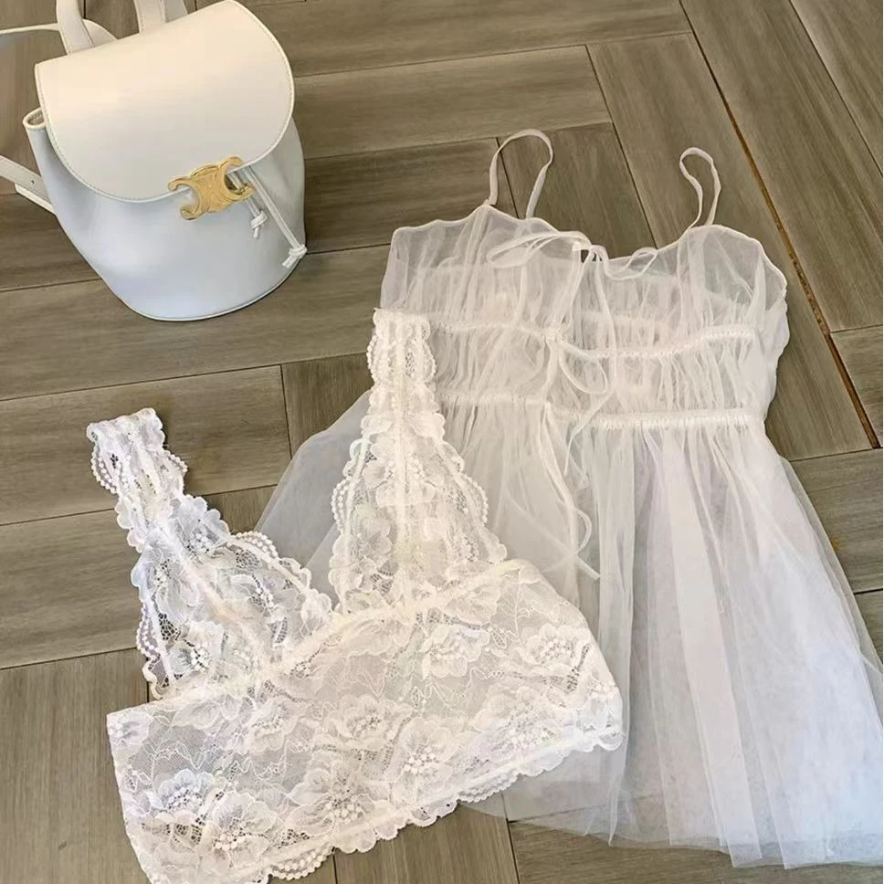 【七七专属】XS1732 蕾丝吊带加网纱罩衫气质显瘦慵懒真两件上衣