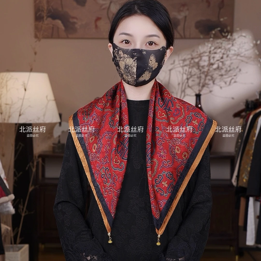 【万寿图-扣】 香云龟纹双面异色新中式丝巾披肩围脖70*70左右