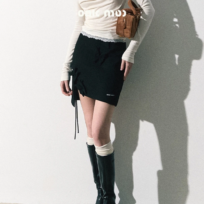 新OAKMOO"温柔的实验"立体蝴蝶不规则半身裙冬流苏开衩不规则半裙