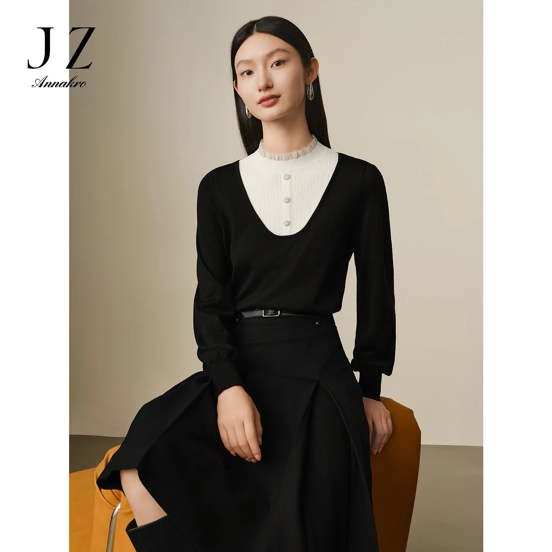 玖姿安娜蔻优雅黑白键法式宫廷风羊毛混纺针织衫女冬JTED31047