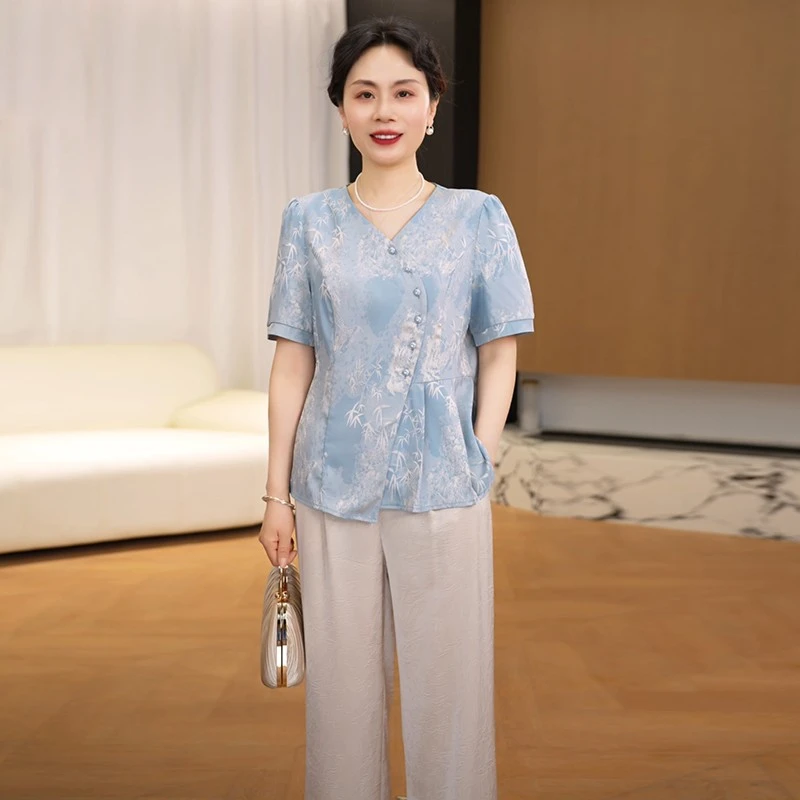 2025新款妈妈装春夏时尚套装洋气中年女装宽松两件套显瘦上衣裤子