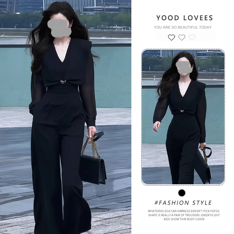 气质通勤高级感长袖连体裤女2025春秋新款黑色收腰阔腿连衣裤女装