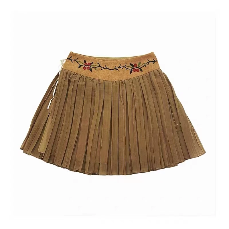puzzle piece设计师品牌新款卡其色腰头刺绣拼接百褶半身裙女