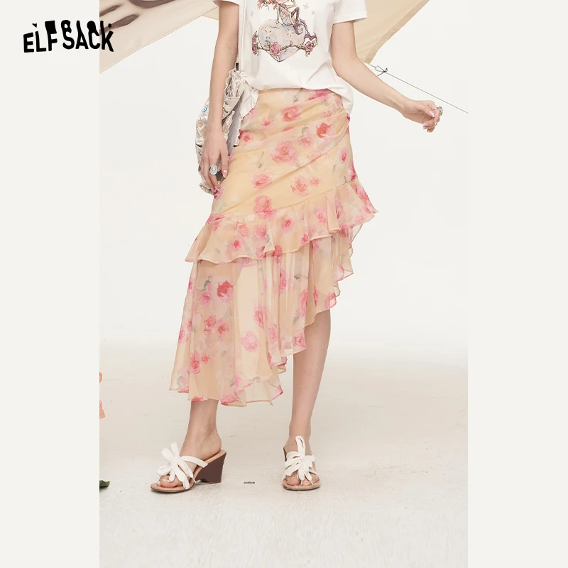 妖精的口袋玫瑰印花荷叶边半身裙女2025夏不规则度假裙25217009