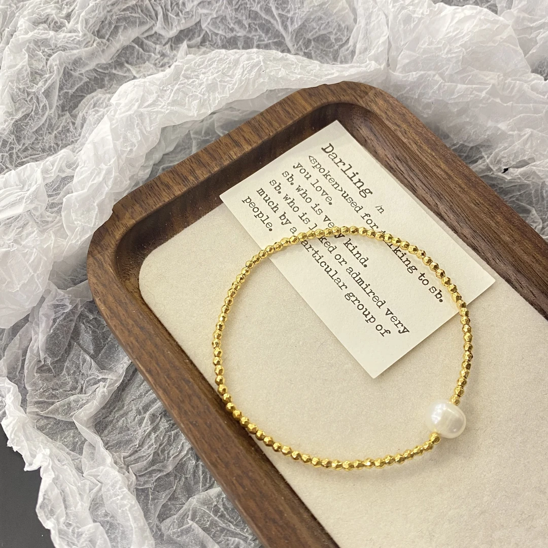 钛钢仿珍珠手链 素圈拼珠金闪闪手链 4623