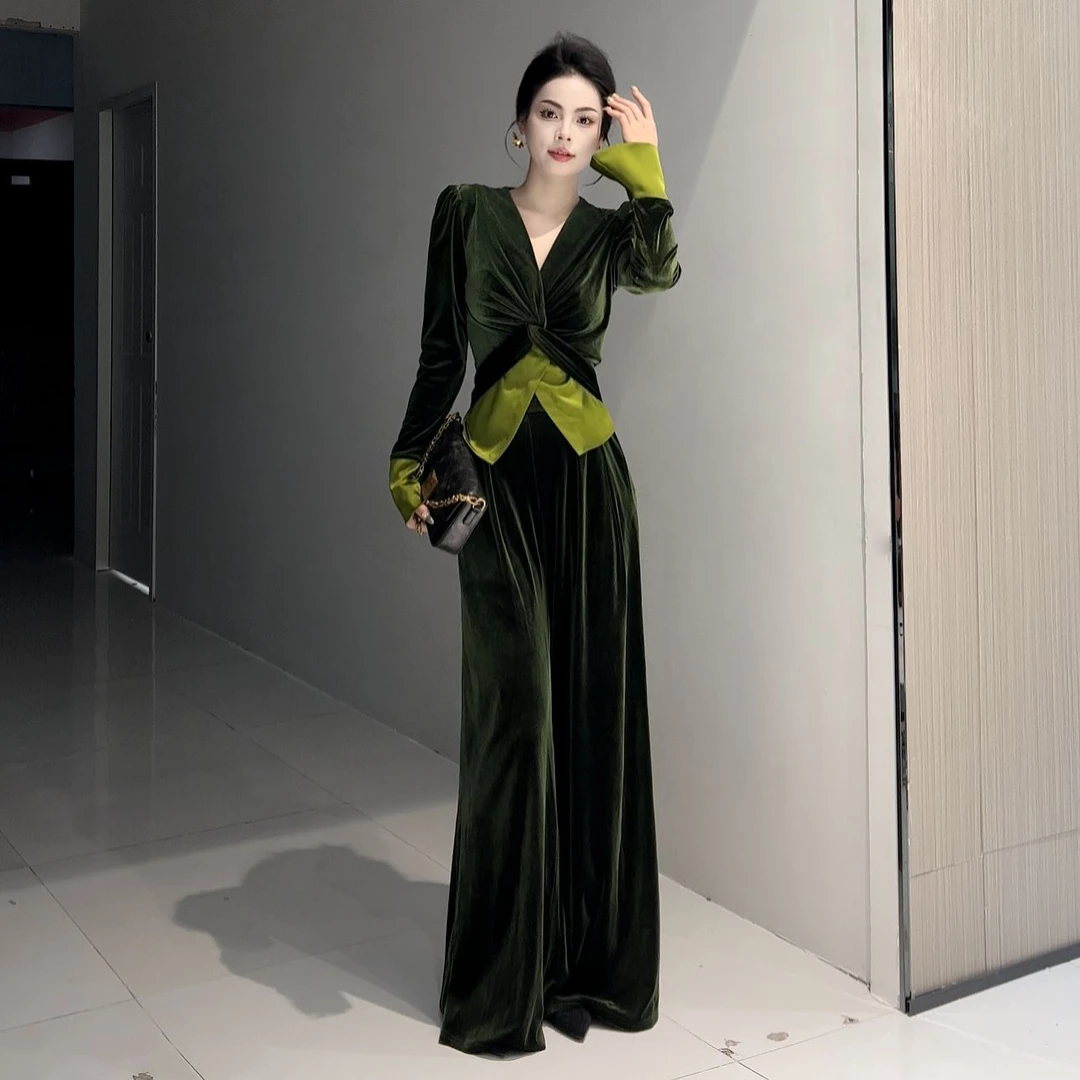 新款丝绒拼接时尚套装喇叭袖上衣加松紧腰阔腿裤秋冬修身裤装