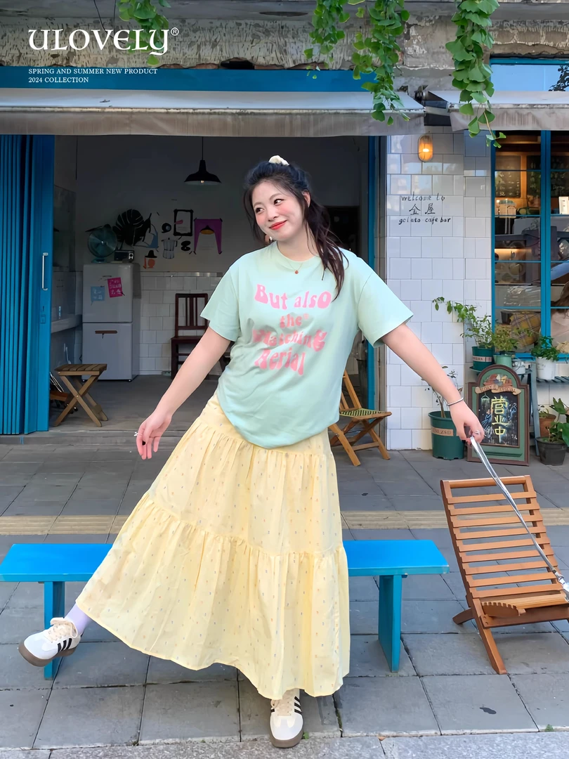大码新款夏日菠萝碎碎冰长款半身裙法式高腰蛋糕裙子多巴胺服装女