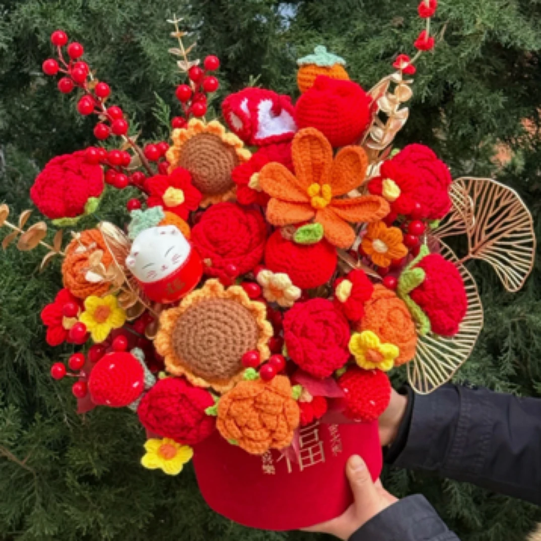 仿真向日葵红果手工编织毛线花束成品新婚乔迁开业福桶抱抱桶摆件