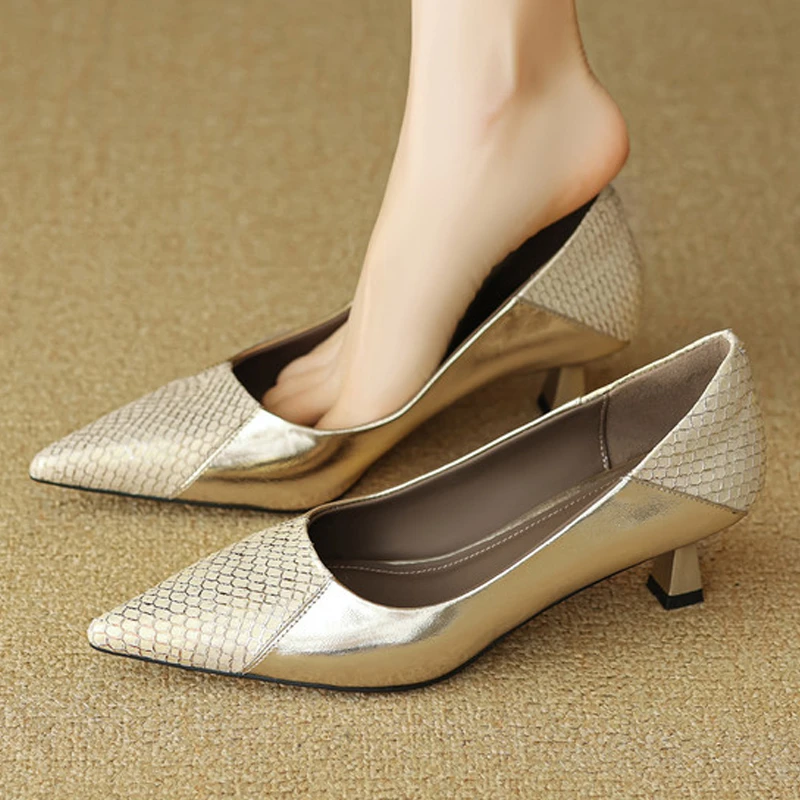 真皮拼接气质尖头高跟鞋轻奢百搭小众鞋子仙女拼色细跟浅口单鞋女