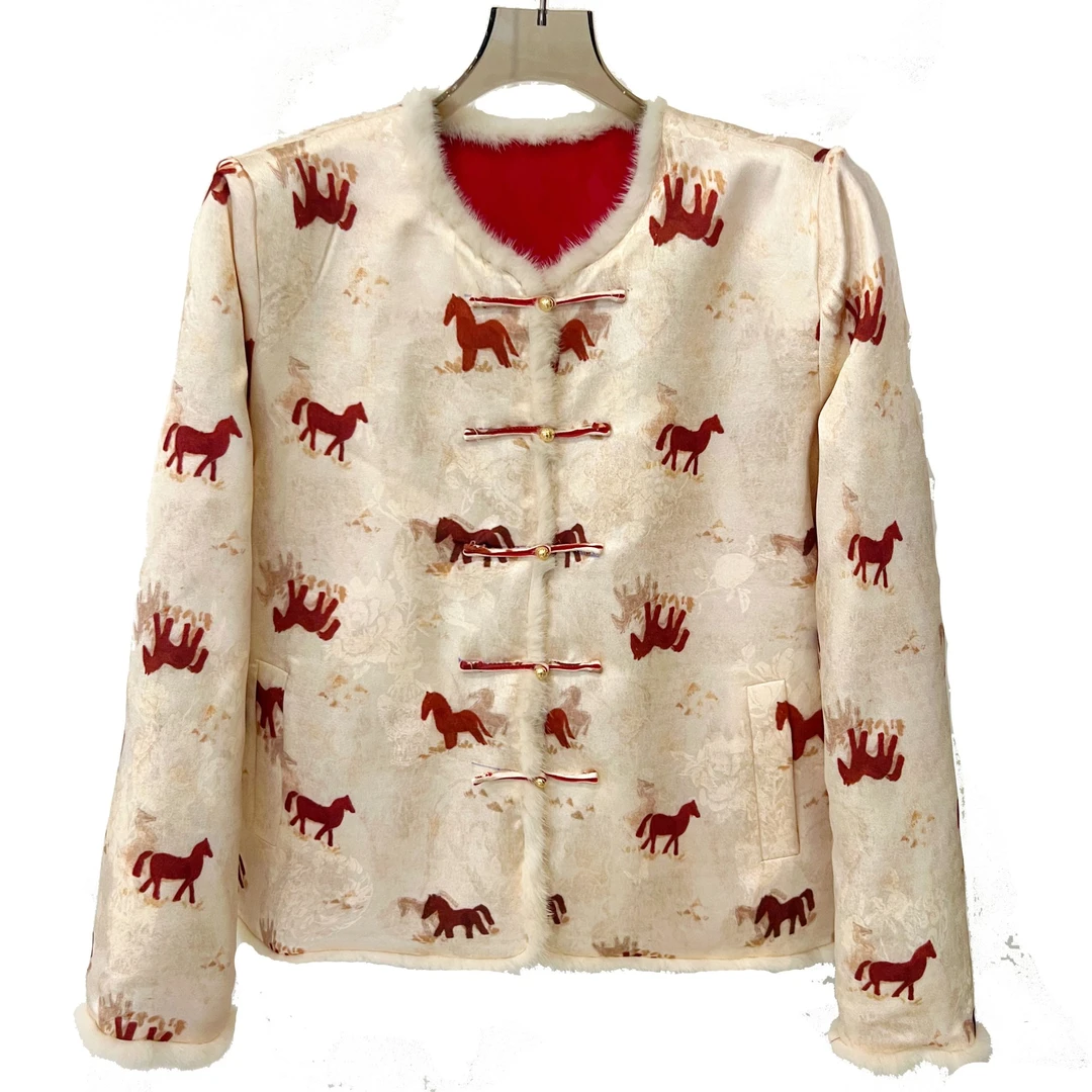 【小马奔腾】新中式加棉双面穿女圆领提花外套秋冬气质中国风上衣