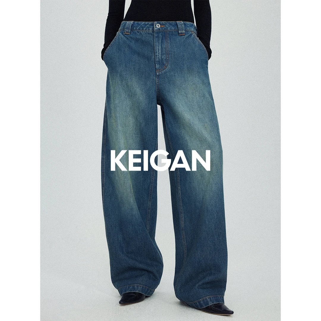 KEIGAN/开间“酒神”竹节纹磨白酒渍感复古百搭痞帅直筒牛仔裤