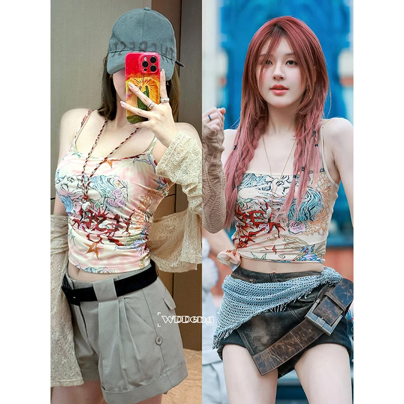 王等等【曼谷街头】印花网纱面料长袖外衫+吊带背心套装U225A07506