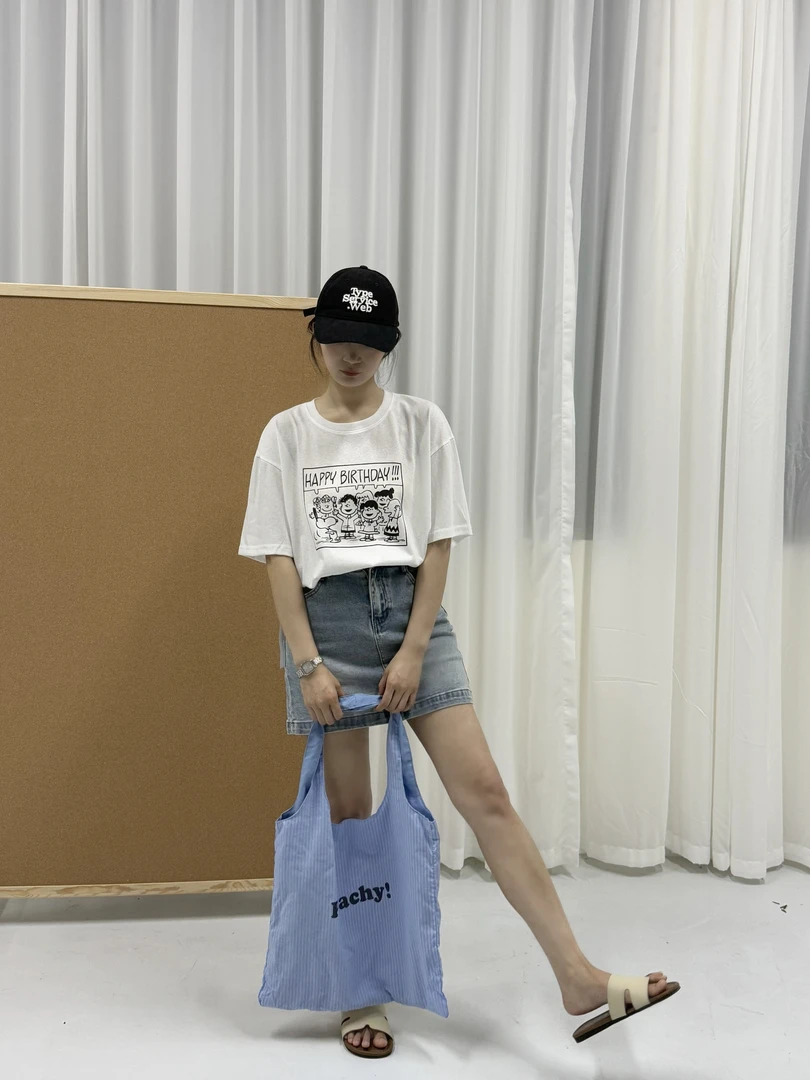 韩系女装夏季新款“生日快乐”卡通印花精细密边柔软亲肤短袖T恤